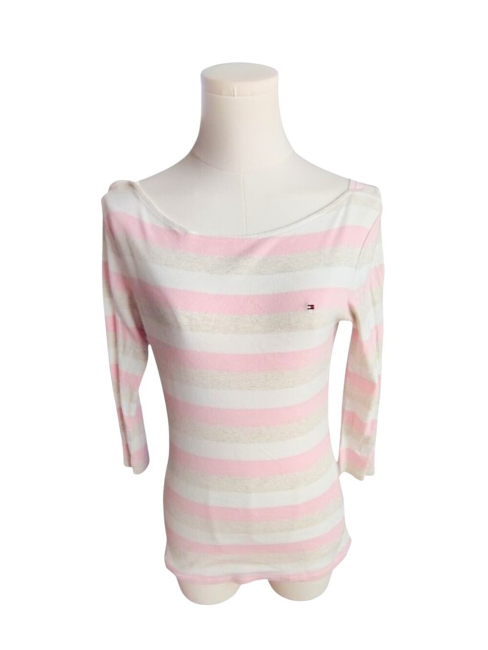 Vintage Tommy Hilfiger Pink Cream White Striped Boat Neck Sweater Size Small